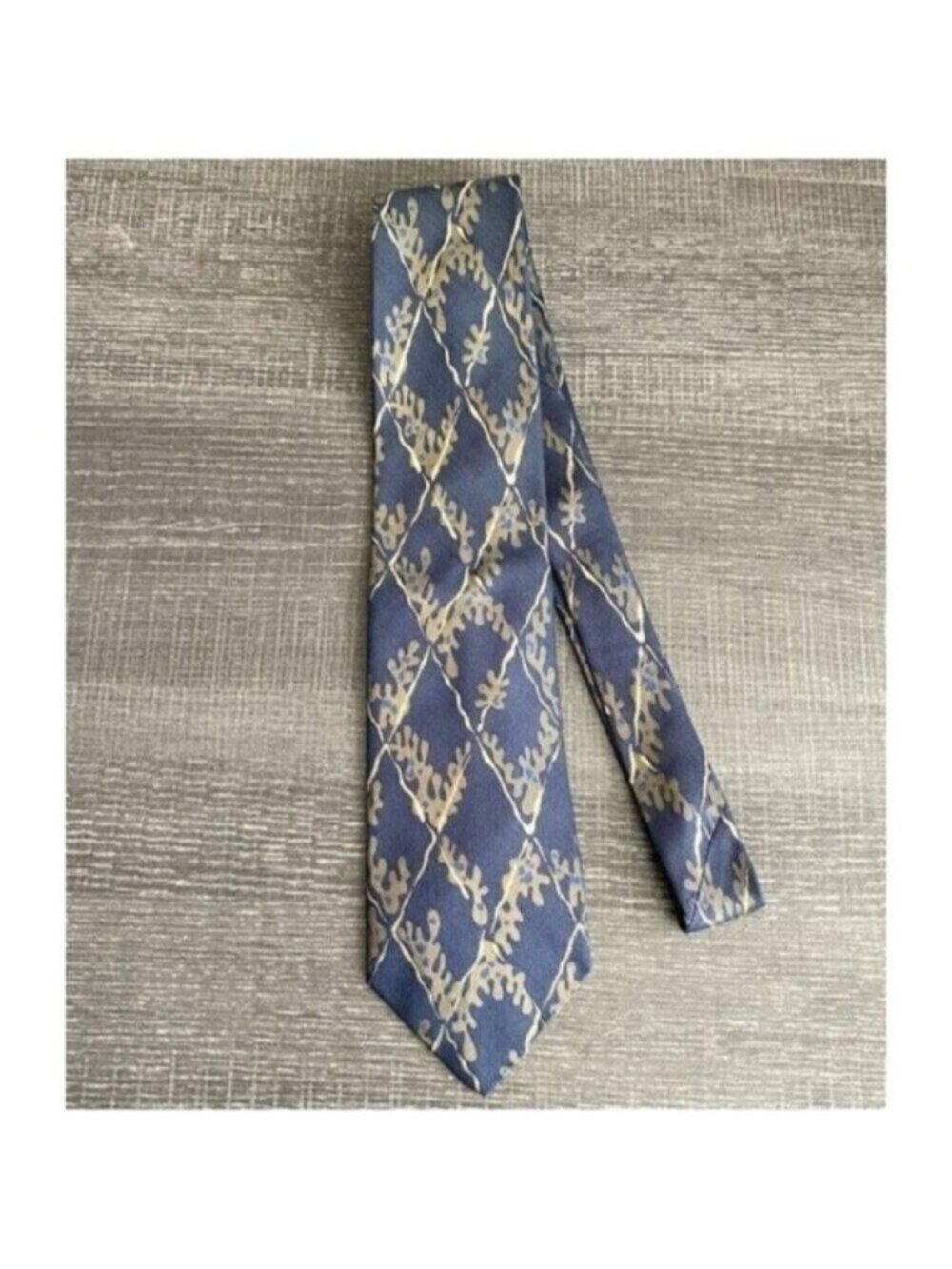 Emanuel Ungaro Paris Neck Tie Mens Blue Gold Brown Italian Silk Leaf Deco VTG